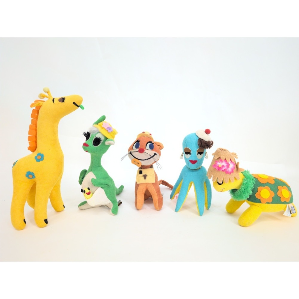 VTG Dakin Dream Pets Plush Toy Lot Octopus Giraffe Kangaroo Turtle Cat 1960's